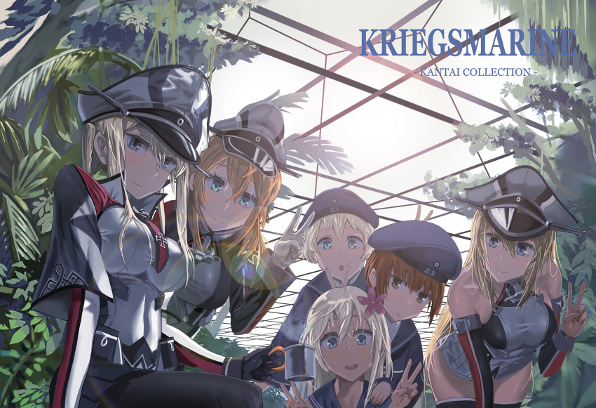 6+girls anchor arm_warmers bismarck_(kantai_collection) blonde_hair blue_eyes breasts brown_eyes brown_hair capelet copyright_name cup double_v flower german gloves graf_zeppelin_(kantai_collection) hair_between_eyes hair_flower hair_ornament hat highres holding holding_cup iron_cross kantai_collection large_breasts leaning_forward long_hair looking_at_viewer miniskirt multiple_girls nature open_mouth pantyhose peaked_cap prinz_eugen_(kantai_collection) ro-500_(kantai_collection) sailor_hat school_uniform serafuku short_hair skirt sleeveless smile ssamjang_(misosan) sunlight teeth thigh-highs twintails uniform v z1_leberecht_maass_(kantai_collection) z3_max_schultz_(kantai_collection)
