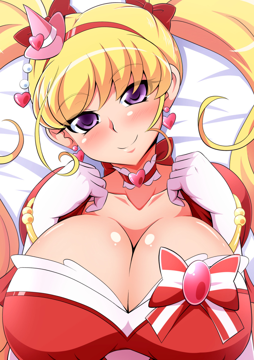 1girl aokura_shou bed blonde_hair blush breasts cure_miracle earrings gloves hat heart heart_earrings highres jewelry large_breasts long_hair looking_at_viewer lying mahou_girls_precure! mini_hat mini_witch_hat on_back precure smile solo twintails upper_body violet_eyes white_gloves witch_hat