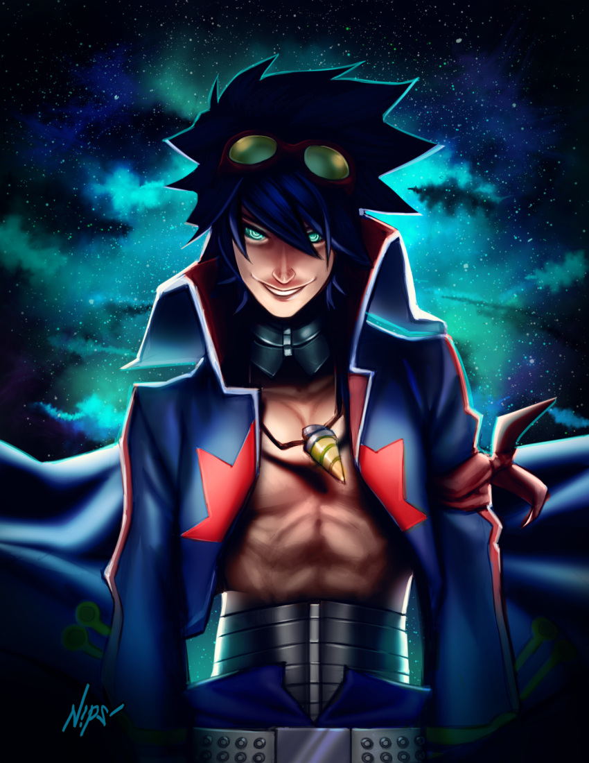 1boy abs blue_hair core_drill evil_grin evil_smile glowing glowing_eyes goggles goggles_on_head gorget green_eyes grin highres jacket jewelry nips older open_clothes open_jacket pendant shirtless short_hair simon smile solo space spiky_hair spiral_power star starry_background tengen_toppa_gurren_lagann
