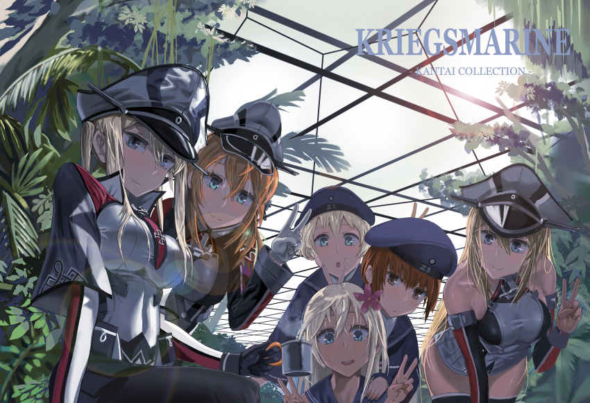 6+girls absurdres anchor arm_warmers bismarck_(kantai_collection) blonde_hair blue_eyes breasts brown_eyes brown_hair capelet copyright_name cup double_v flower german gloves graf_zeppelin_(kantai_collection) hair_between_eyes hair_flower hair_ornament hat highres holding holding_cup iron_cross kantai_collection large_breasts leaning_forward long_hair looking_at_viewer miniskirt multiple_girls nature open_mouth pantyhose peaked_cap prinz_eugen_(kantai_collection) revision ro-500_(kantai_collection) sailor_hat school_uniform serafuku short_hair skirt sleeveless smile ssamjang_(misosan) sunlight teeth thigh-highs twintails uniform v z1_leberecht_maass_(kantai_collection) z3_max_schultz_(kantai_collection)