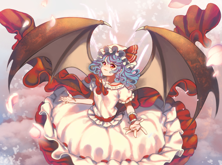 1girl ascot bat_wings blue_hair bow cheong_ha frills hat hat_bow mob_cap petals red_eyes remilia_scarlet solo touhou wings wrist_cuffs