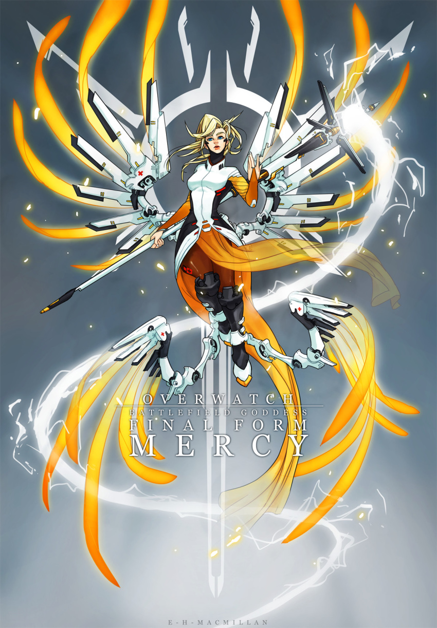 1girl ankle_wings beam blonde_hair blue_eyes bodysuit boots bridal_gauntlets brown_legwear character_name commentary e.h._macmillan faulds flying full_body high_ponytail highres knee_boots long_hair low_wings mechanical_halo mechanical_wings mercy_(overwatch) multiple_wings overwatch pantyhose pelvic_curtain red_cross solo staff wings