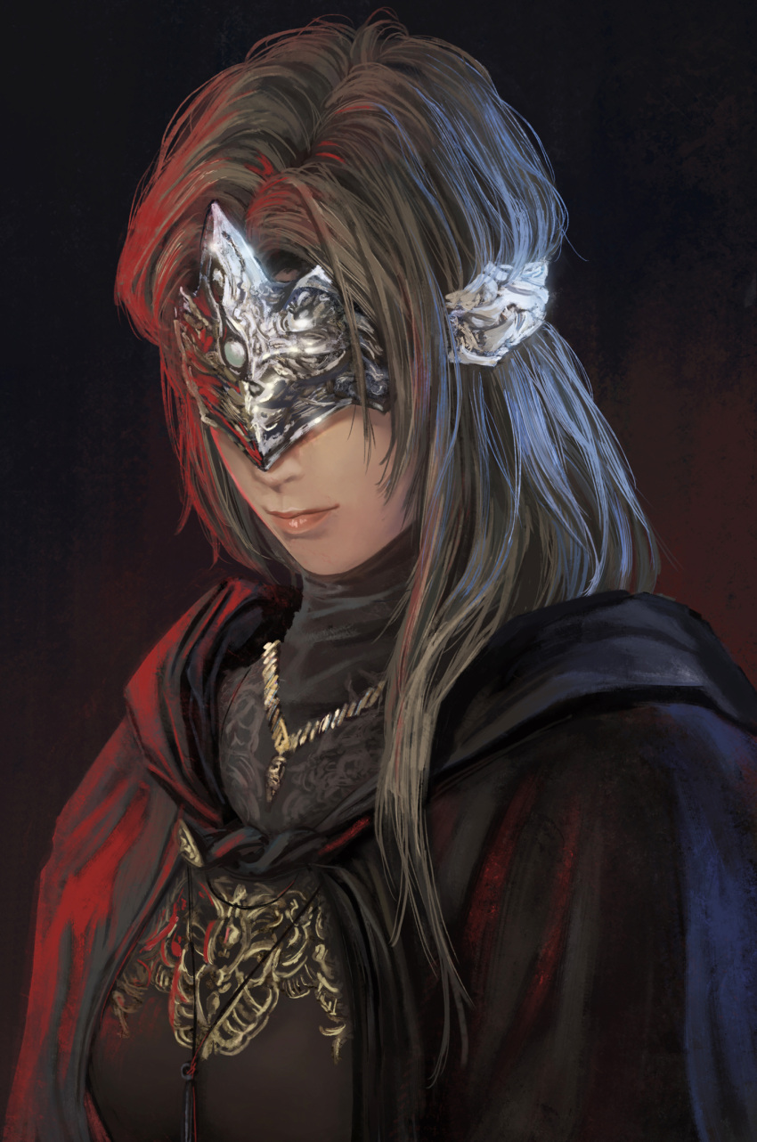 1girl black_dress brown_hair cape dark_souls_iii dress face_mask highres jewelry long_hair maiden_in_black mask necklace popobobo portrait solo souls_(from_software)
