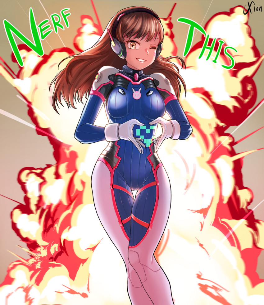 1girl ;) backlighting bodysuit brown_eyes brown_hair d.va_(overwatch) explosion facial_mark grin headphones heart heart_hands highres long_hair looking_at_viewer one_eye_closed overwatch revision smile solo thigh_gap whisker_markings xion_(pulilulu)