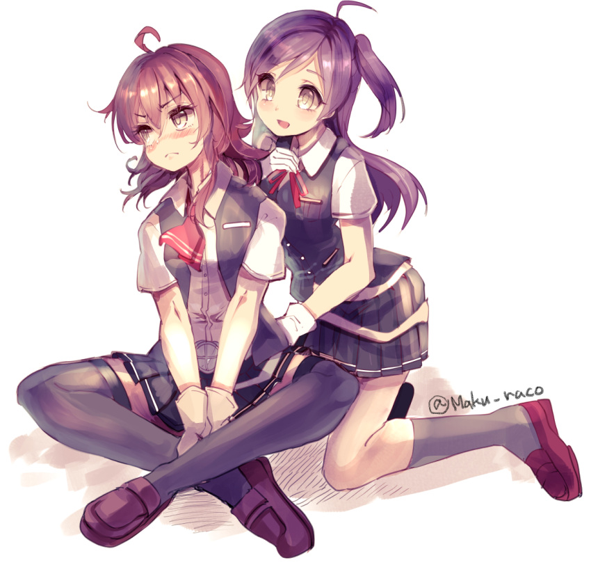 2girls ahoge arashi_(kantai_collection) bangs between_legs blush cis_(carcharias) commentary_request gloves hagikaze_(kantai_collection) hair_between_eyes hand_between_legs hand_on_another's_back hand_on_own_chest indian_style kantai_collection kneeling long_hair looking_at_viewer looking_to_the_side messy_hair multiple_girls neckerchief open_clothes open_mouth open_vest pleated_skirt purple_hair redhead ribbon school_uniform shirt shoes short_hair short_sleeves side_ponytail sidelocks sitting skirt smile socks thigh-highs twitter_username v_arms vest violet_eyes white_shirt yellow_eyes