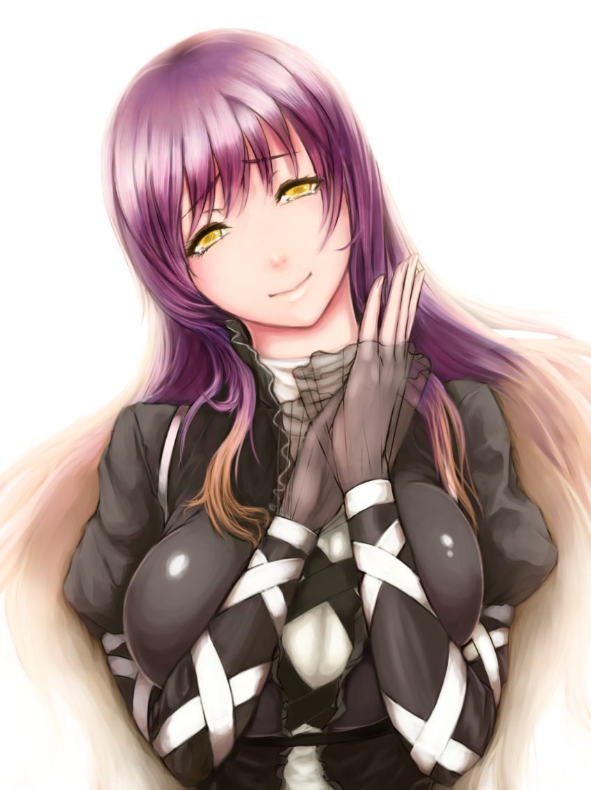 1girl black_dress breast_press breasts brown_hair cross-laced_clothes crying crying_with_eyes_open dress gradient_hair hands_together happy_tears head_tilt highres hijiri_byakuren hoshara juliet_sleeves large_breasts long_hair long_sleeves looking_at_viewer multicolored_hair puffy_sleeves purple_hair sidelocks smile solo tears touhou two-tone_hair upper_body yellow_eyes