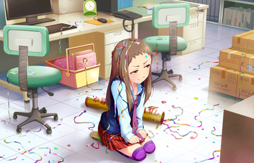 1girl analog_clock artist_request blue_shirt book bookshelf box box_stack brown_eyes brown_hair cardboard_box chair clock collared_shirt computer_keyboard computer_mouse confetti corded_phone desk dress_shirt file_cabinet frown hands_on_lap idolmaster idolmaster_cinderella_girls idolmaster_cinderella_girls_starlight_stage indoors koseki_reina long_hair long_sleeves looking_away miniskirt monitor mousepad_(object) necktie office office_chair official_art on_floor over-kneehighs party_popper phone plaid plaid_skirt pleated_skirt purple_legwear purple_necktie red_skirt safety_pin seiza shirt shoes sitting skirt sneakers solo source_request streamers striped striped_legwear striped_necktie sweatdrop sweater_vest thigh-highs tile_floor tiles violet_eyes