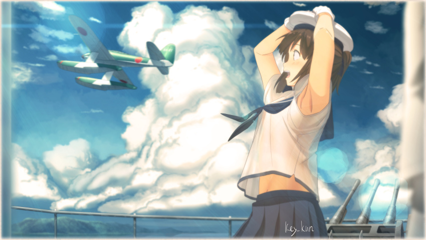 1boy 1girl aa_gun absurdres admiral_(kantai_collection) aichi_m6a_seiran airplane alternate_costume armpits arms_up artist_name brown_hair clouds cloudy_sky from_side gloves hands_on_headwear hat highres i-401_(kantai_collection) kantai_collection key_kun looking_to_the_side midriff mountain neckerchief open_mouth pleated_skirt ponytail railing sailor_hat school_uniform serafuku short_hair short_sleeves skirt sky solo_focus sunlight teeth white_gloves wind wind_lift