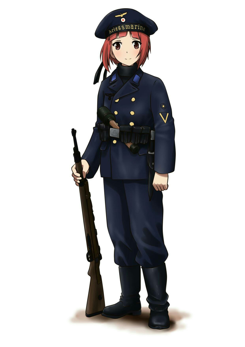 1girl bayonet belt bolt_action boots brown_eyes brown_hair commentary explosive grenade hat highres kantai_collection kriegsmarine looking_at_viewer mauser_98 military military_uniform millimeter naval_uniform sailor_hat short_hair simple_background smile solo turtleneck uniform white_background world_war_ii z3_max_schultz_(kantai_collection)