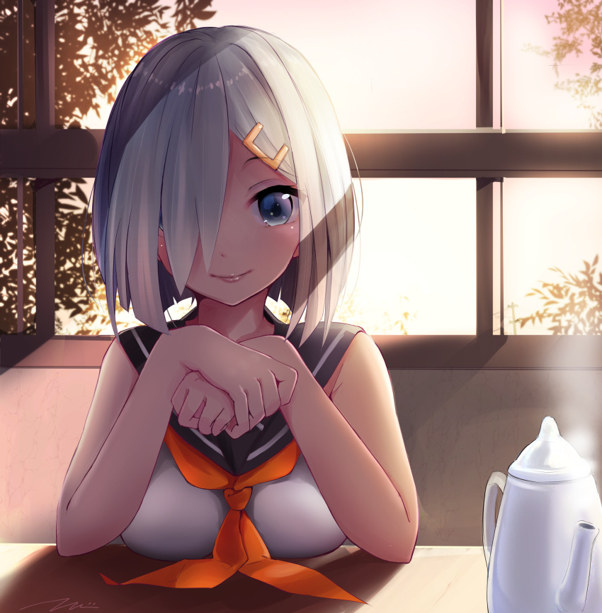 1girl bare_arms bare_shoulders blue_eyes blush breast_rest breasts closed_mouth cup hair_ornament hair_over_one_eye hairclip hamakaze_(kantai_collection) highres indoors kantai_collection large_breasts looking_at_viewer neckerchief own_hands_together plant sailor_collar school_uniform serafuku shirt short_hair silver_hair sitting sleeveless sleeveless_shirt smile solo steam sunlight table tareme teapot tebi_(tbd11) tree w_arms window