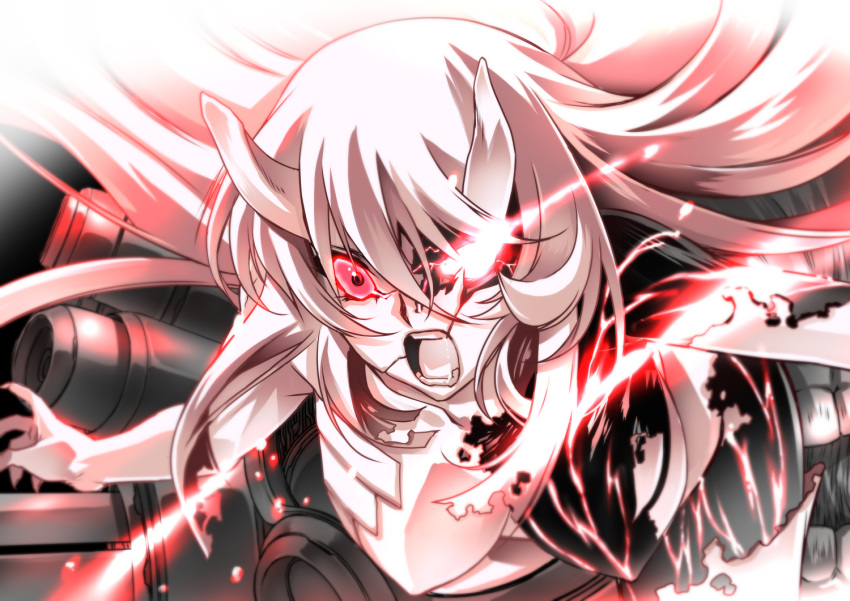 1girl breasts central_hime glowing glowing_eyes hair_between_eyes horns kantai_collection large_breasts long_hair machinery open_mouth red_eyes senomoto_hisashi shinkaisei-kan solo teeth very_long_hair white_hair white_skin