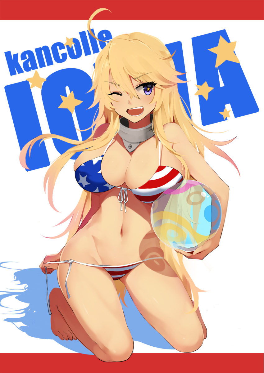 &gt;;d 1girl ;d american_flag_bikini ball bba1985 beachball bikini blonde_hair blue_eyes breasts commentary_request flag_print full_body highres iowa_(kantai_collection) kantai_collection large_breasts long_hair open_mouth revision smile solo star star-shaped_pupils swimsuit symbol-shaped_pupils wink