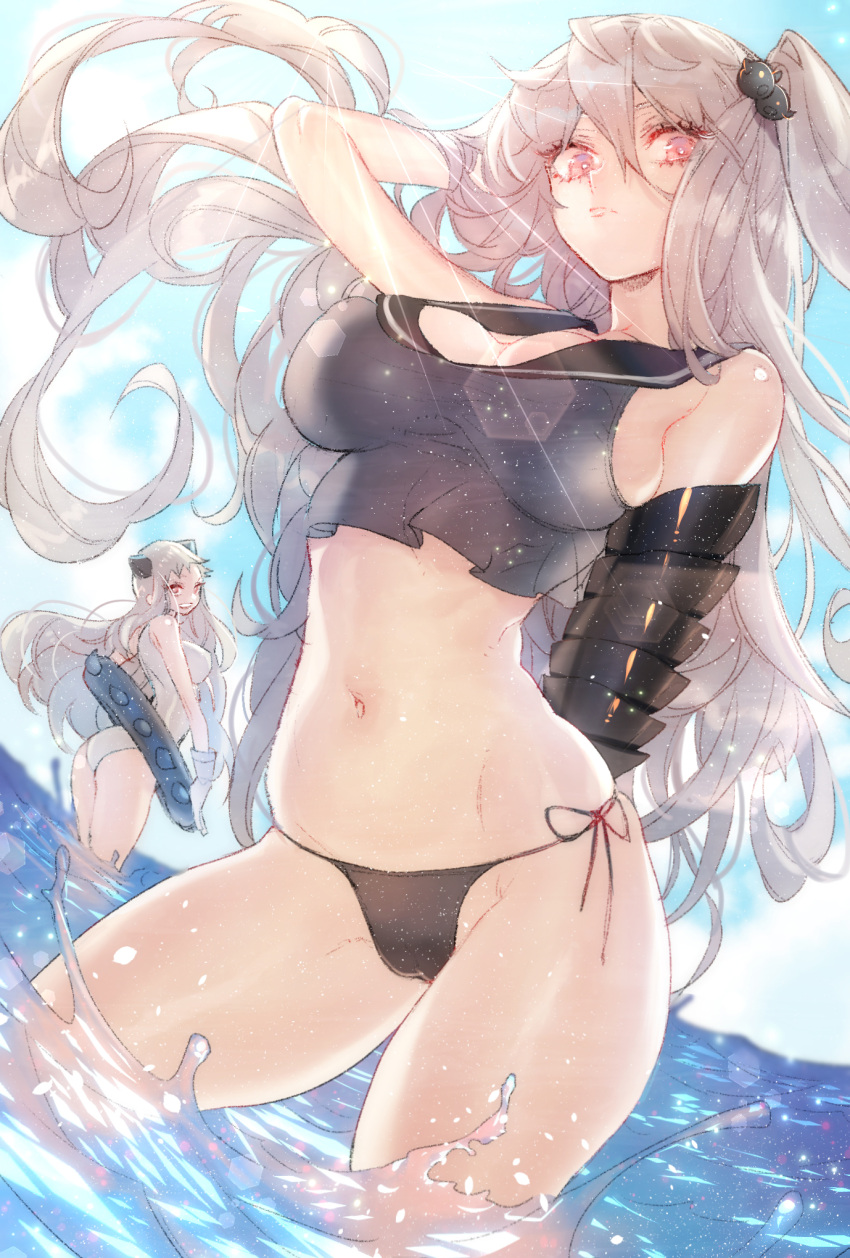 2girls :d aircraft_carrier_oni airfield_hime arm_behind_back arm_guards arm_up bare_shoulders bikini black_bikini blue_sky breasts casual_one-piece_swimsuit cleavage clenched_teeth collarbone contrapposto cowboy_shot dutch_angle expressionless floating_hair groin hair_ornament hand_in_hair highres hips innertube kantai_collection large_breasts light_rays looking_at_viewer midriff multiple_girls navel one-piece_swimsuit one_side_up open_mouth parted_lips red_eyes shinkaisei-kan side-tie_bikini sideboob sky smile splashing stomach sunlight swimsuit teeth wading water wind zuizi