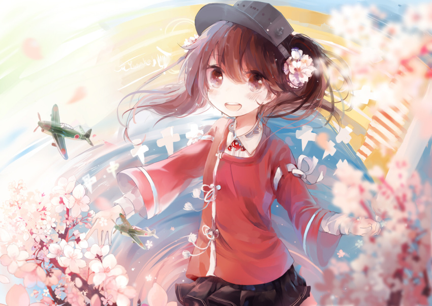 1girl :d airplane black_skirt blush brown_eyes brown_hair flower hair_flower hair_ornament japanese_clothes kantai_collection kariginu kinyla looking_at_viewer magatama open_mouth pleated_skirt ryuujou_(kantai_collection) scroll skirt smile solo twintails visor_cap