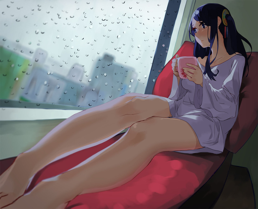 1girl bare_legs barefoot blue_eyes blue_hair blurry collarbone couch cup depth_of_field dress_shirt holding holding_cup indoors juz krt_girls long_hair looking_to_the_side perspective rain shirt side_ponytail sitting steam window xiao_qiong