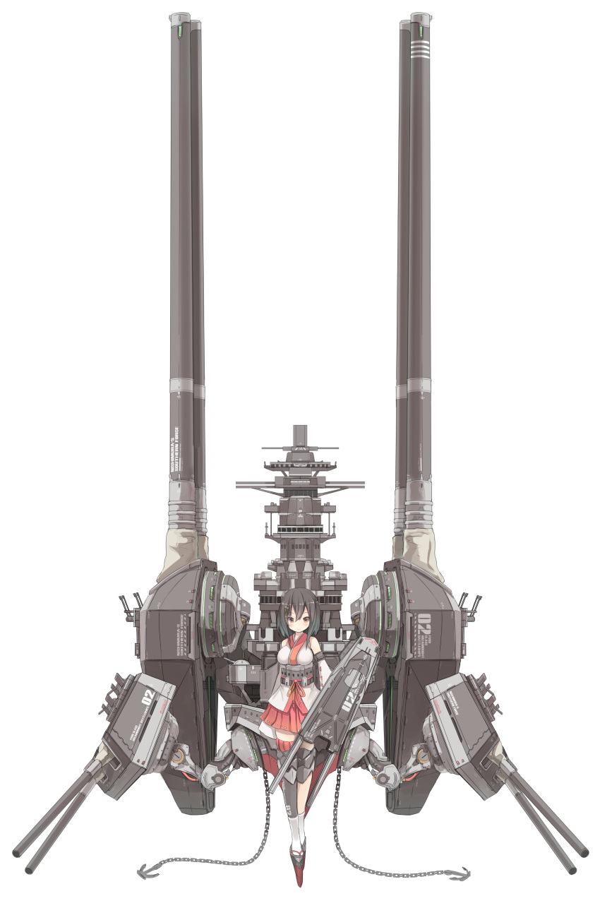 1girl absurdres anchor bare_shoulders black_hair blush breasts cannon chain detached_sleeves five_star_stories hair_ornament highres jagd_mirage japanese_clothes kantai_collection mecha_musume mortar_headd nanashina nontraditional_miko parody red_eyes revision short_hair simple_background skirt smile solo white_background yamashiro_(kantai_collection)