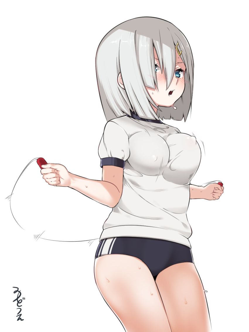 1girl alternate_costume blue_eyes blush bouncing_breasts breasts buruma covered_nipples from_side gym_uniform hair_over_one_eye hamakaze_(kantai_collection) highres jumping kantai_collection large_breasts looking_at_viewer mitsudoue nipples open_mouth rope shirt short_hair silver_hair white_shirt