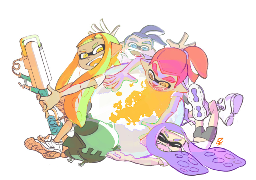 &gt;_&lt; 2boys 2girls :d artist_request bike_shorts blonde_hair blue_eyes closed_eyes commentary domino_mask eyebrows fangs globe inkling long_hair mask multiple_boys multiple_girls official_art open_mouth ponytail purple_hair redhead scrunchie shoes smile sneakers splatoon tentacle_hair thick_eyebrows xd yellow_eyes