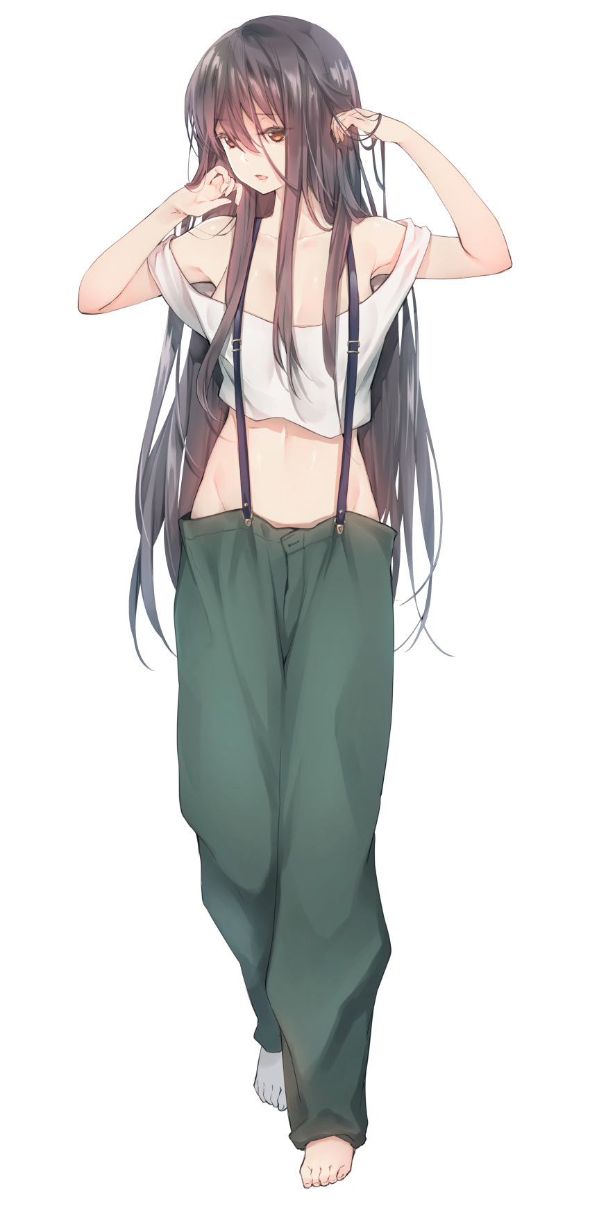 1girl absurdres arms_up barefoot brown_eyes brown_hair cocoa_(cafe-hotcocoa) crop_top groin highres long_hair looking_away midriff navel off_shoulder open_mouth original revision simple_background solo suspenders white_background