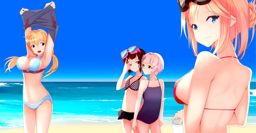 4girls :d alternate_costume armpits arms_at_sides arms_up back beach bikini bikini_skirt bismarck_(kantai_collection) blonde_hair blue_bikini blue_eyes blue_sky blue_swimsuit breasts brown_hair closed_mouth fk flat_chest goggles goggles_on_head green_eyes hair_bun highres holding_hands index_finger_raised kantai_collection large_breasts long_hair looking_at_another looking_at_viewer looking_back looking_to_the_side low_twintails multiple_girls ocean one-piece_swimsuit one_eye_closed open_mouth outdoors polka_dot polka_dot_bikini prinz_eugen_(kantai_collection) red_bikini red_eyes sand shade short_hair sideboob sidelocks silver_hair sky smile standing stomach strap_gap swimsuit twintails undressing z1_leberecht_maass_(kantai_collection) z3_max_schultz_(kantai_collection)