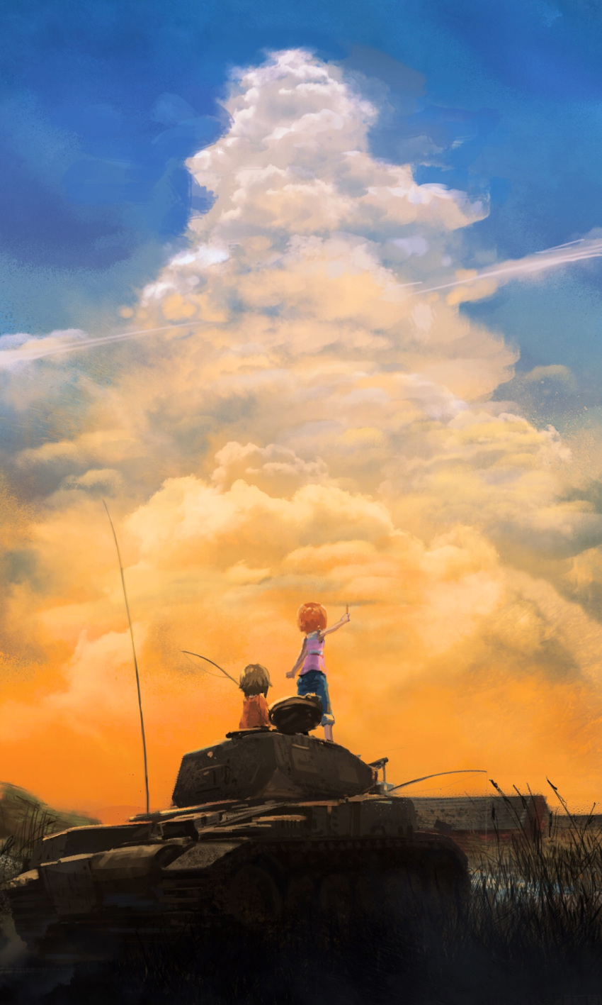 2girls arm_up brown_hair clouds condensation_trail denim faux_traditional_media from_behind girls_und_panzer grass ground_vehicle hatch highres jeans kaatoso looking_afar military military_vehicle motor_vehicle multiple_girls nishizumi_maho nishizumi_miho pants pants_rolled_up panzerkampfwagen_ii scenery short_hair siblings sisters sky sunset tank tank_top younger
