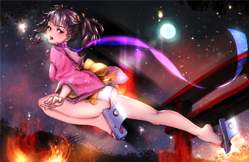 1girl ass bangs bare_legs bell black_hair blush bow building burning cherry_blossoms choker fire floral_print frills full_body geta hair_ribbon japanese_clothes jingle_bell jumping kimono koutetsujou_no_kabaneri lens_flare long_sleeves looking_at_viewer looking_back mumei_(kabaneri) nal_(nal's_pudding) night night_sky open_mouth outdoors panties purple_bow purple_ribbon red_eyes ribbon ribbon_choker sash short_kimono signature sky solo star_(sky) tongue tongue_out torii transparent tree twintails underwear white_panties wide_sleeves yellow_bow yellow_ribbon