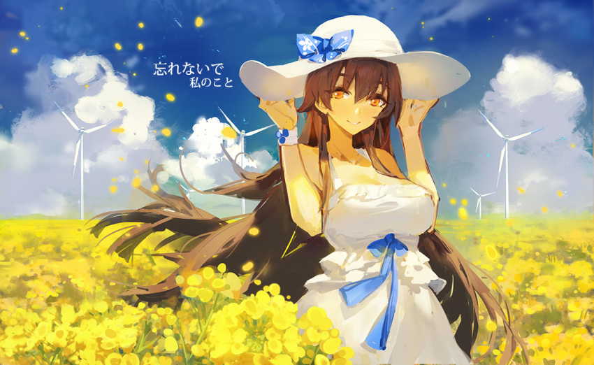 1girl blue_sky breasts brown_eyes brown_hair clouds dress field flower flower_field hair_ribbon hands_on_headwear hat kishiyo large_breasts long_hair looking_at_viewer original revision ribbon sky sleeveless sleeveless_dress smile solo sun_hat sundress very_long_hair white_dress wind windmill