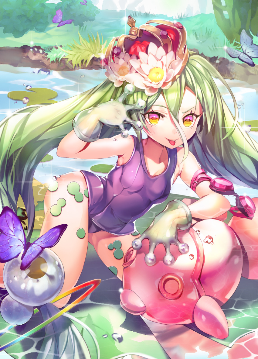 1girl :p animal arm_belt breasts butterfly collarbone crown eyelashes fish flower frog_girl gloves goggles goggles_removed grass green_hair hair_between_eyes hair_flower hair_ornament highres leaf lens_flare lily_pad long_hair looking_at_viewer multicolored_eyes naeun_(pinky1866) one-piece_swimsuit original outdoors paw_gloves purple_swimsuit see-through small_breasts solo sparkle sphere swimsuit tongue tongue_out twintails very_long_hair violet_eyes water yellow_eyes