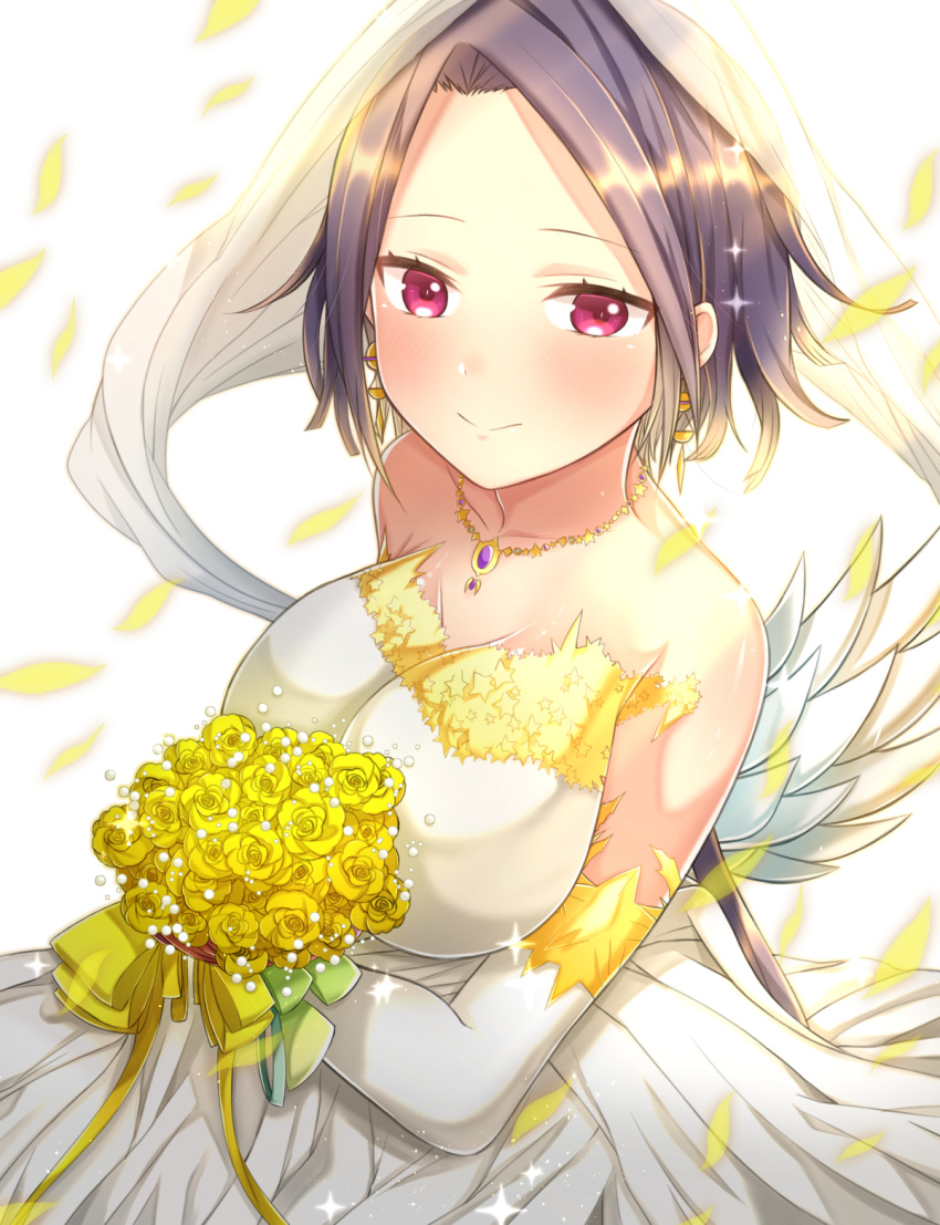 1girl akiran'nu alternate_costume alternate_hairstyle bare_shoulders blush bouquet bow breasts bridal_veil cleavage collarbone dress earrings elbow_gloves eschamali_(p&amp;d) flower gloves highres jewelry large_breasts long_hair looking_at_viewer necklace petals purple_hair puzzle_&amp;_dragons smile solo sparkle veil violet_eyes wedding_dress white_gloves white_wings wings