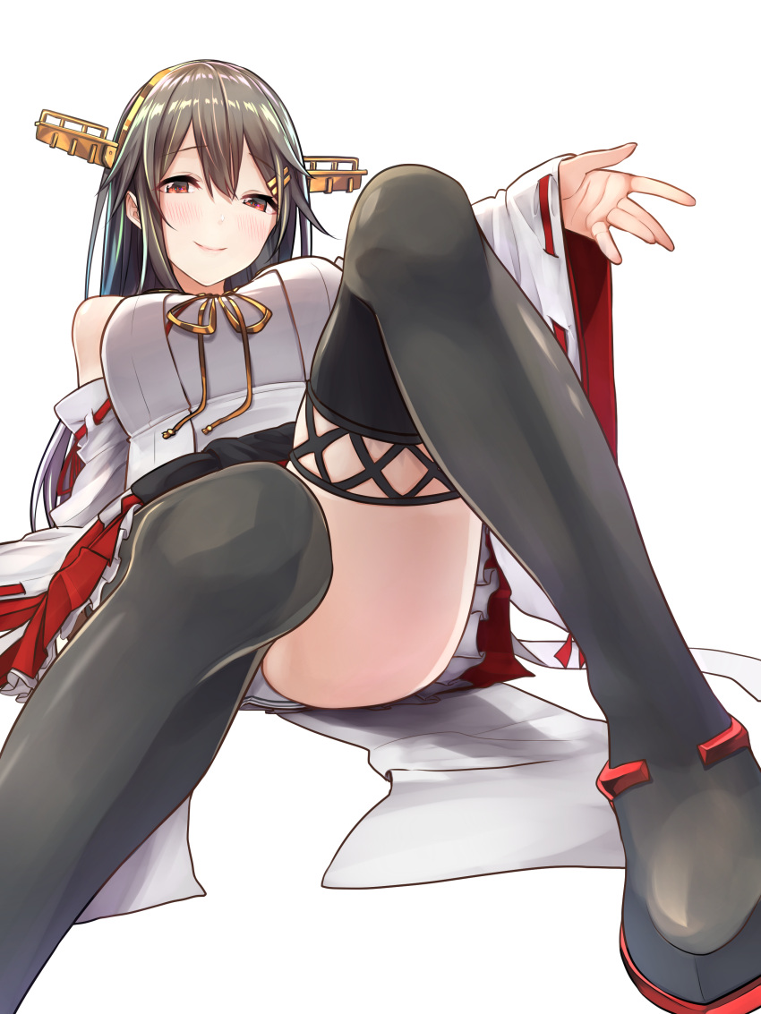 1girl absurdres baffu bangs black_boots black_hair blush boots breasts closed_mouth detached_sleeves eyebrows eyebrows_visible_through_hair from_below hair_between_eyes hair_ornament hairband hairclip haruna_(kantai_collection) headgear highres japanese_clothes kantai_collection large_breasts long_hair looking_at_viewer miniskirt nontraditional_miko outstretched_arm pleated_skirt red_eyes red_skirt ribbon-trimmed_sleeves ribbon_trim simple_background sitting skirt smile solo thigh-highs thigh_boots upskirt white_background