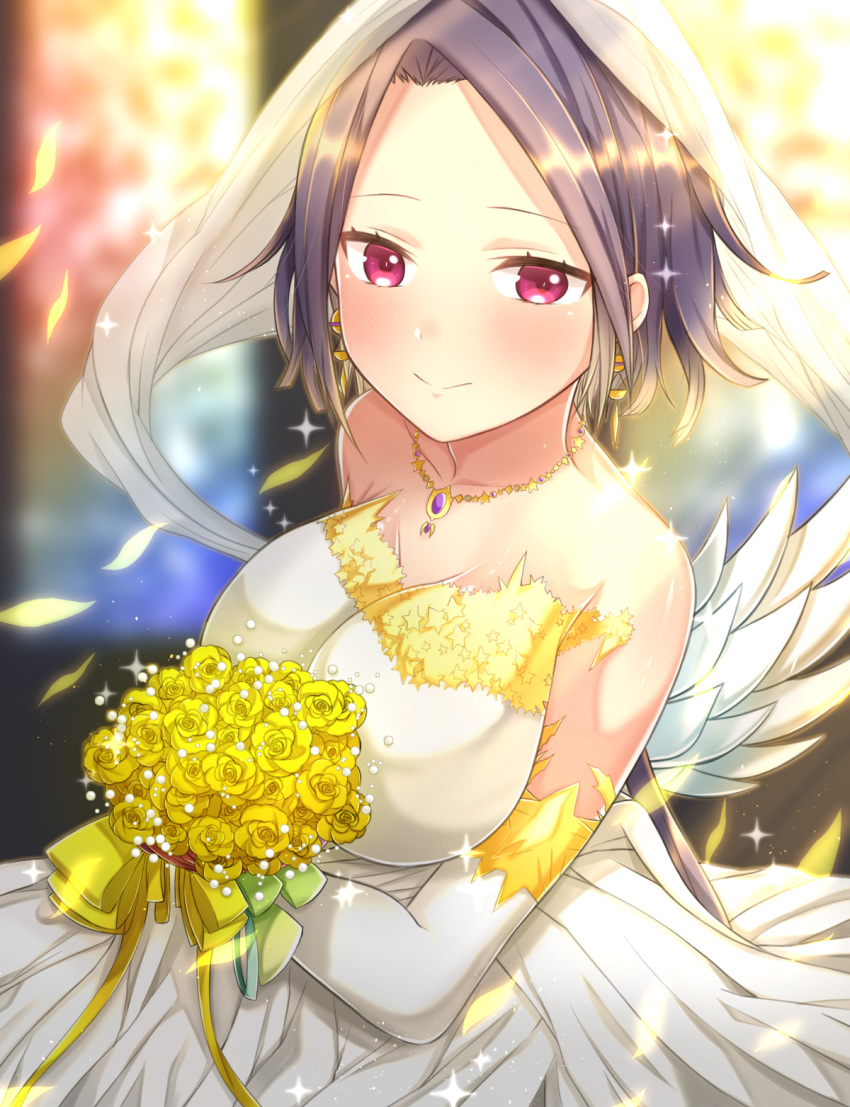 1girl akiran'nu alternate_costume alternate_hairstyle bare_shoulders blush bouquet bow breasts bridal_veil cleavage collarbone dress earrings elbow_gloves eschamali_(p&amp;d) flower gloves highres jewelry large_breasts long_hair looking_at_viewer necklace petals purple_hair puzzle_&amp;_dragons smile solo sparkle stained_glass veil violet_eyes wedding_dress white_gloves white_wings wings