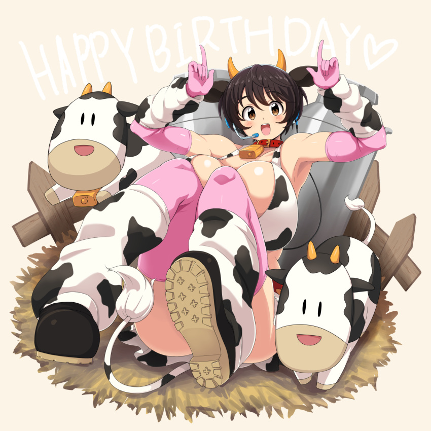 1girl :d animal_ears bell black_hair blush breasts brown_eyes collar cow cow_ears cow_horns cow_print cow_tail gloves happy_birthday headset highres horns huge_breasts idolmaster idolmaster_cinderella_girls looking_at_viewer nash_(na-si) oikawa_shizuku open_mouth pink_gloves pink_legwear smile solo tail thigh-highs