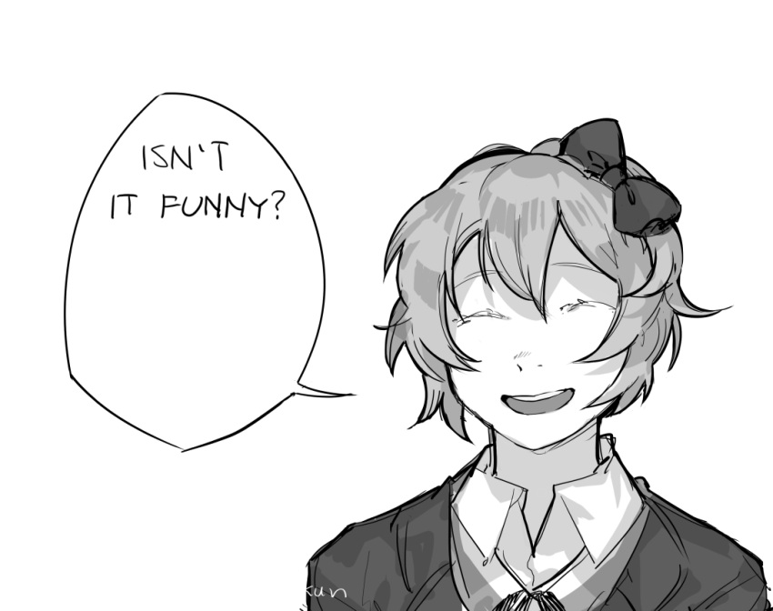 1girl :d artist_name bow closed_eyes collared_shirt commentary crying doki_doki_literature_club english facing_viewer greyscale hair_bow idk-kun jacket looking_at_viewer monochrome open_mouth sayori_(doki_doki_literature_club) shirt short_hair signature smile solo speech_bubble spoilers tears thumbnail_surprise transparent_background twitter_username upper_body wing_collar