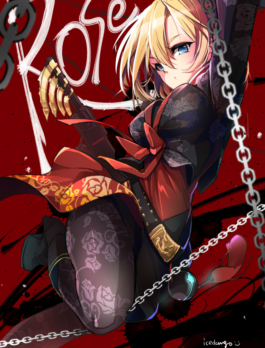 1girl bangs belt black_boots blonde_hair blue_eyes blurry bodysuit boots breasts chain character_name claw_(weapon) crop_top depth_of_field elsword eyelashes floral_print glowing gun hair_between_eyes highres kuroshio_maki large_breasts long_sleeves looking_at_viewer pout print_legwear red_background rose_(elsword) rose_print signature smiley_face solo sphere splatter string tassel weapon