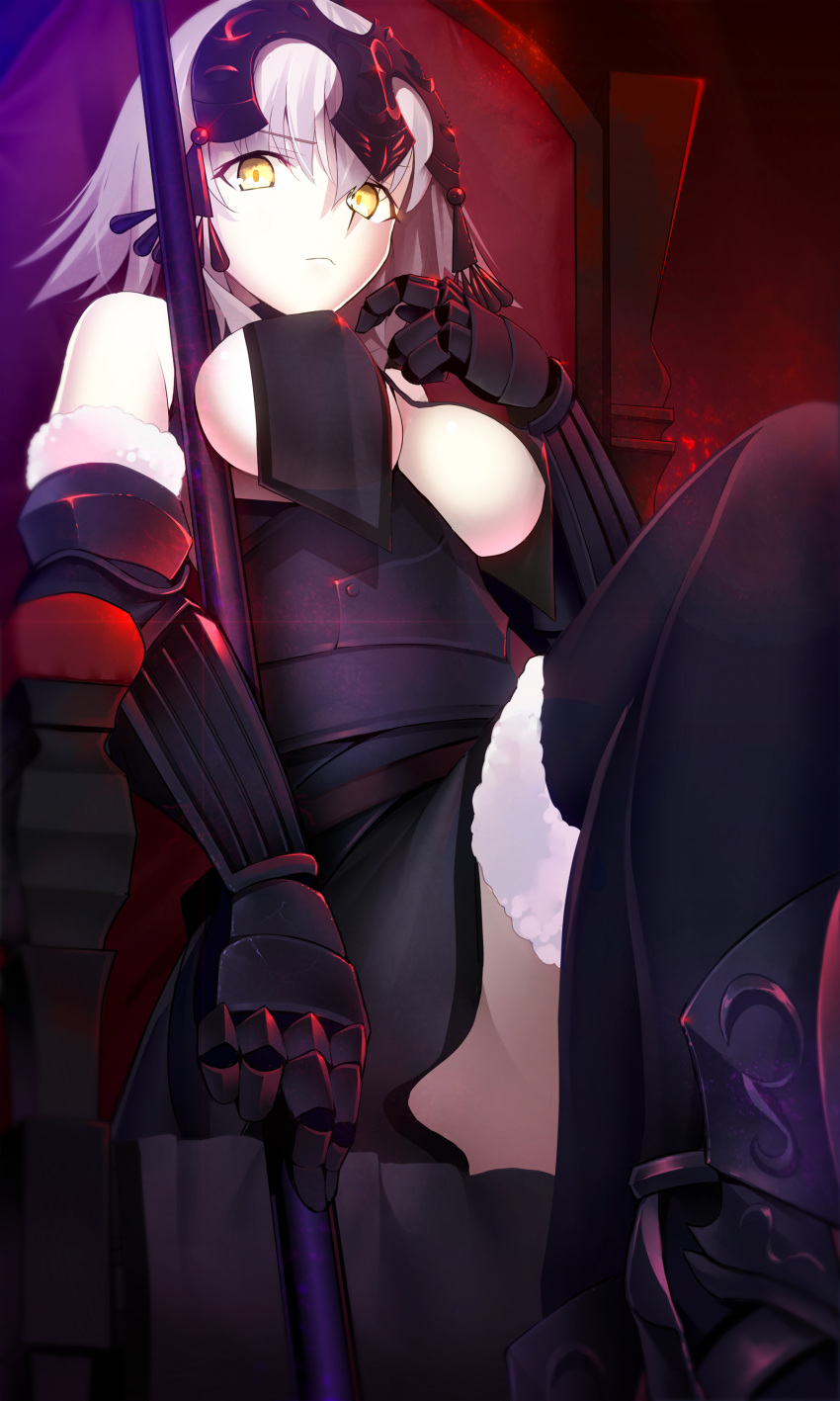 1girl absurdres armor black_legwear breasts fate/grand_order fate_(series) fur_trim gauntlets greaves headpiece highres jeanne_alter looking_at_viewer ruler_(fate/apocrypha) ruler_(fate/grand_order) short_hair sideboob silver_hair sitting solo tetsu_(countryside) thigh-highs weapon yellow_eyes
