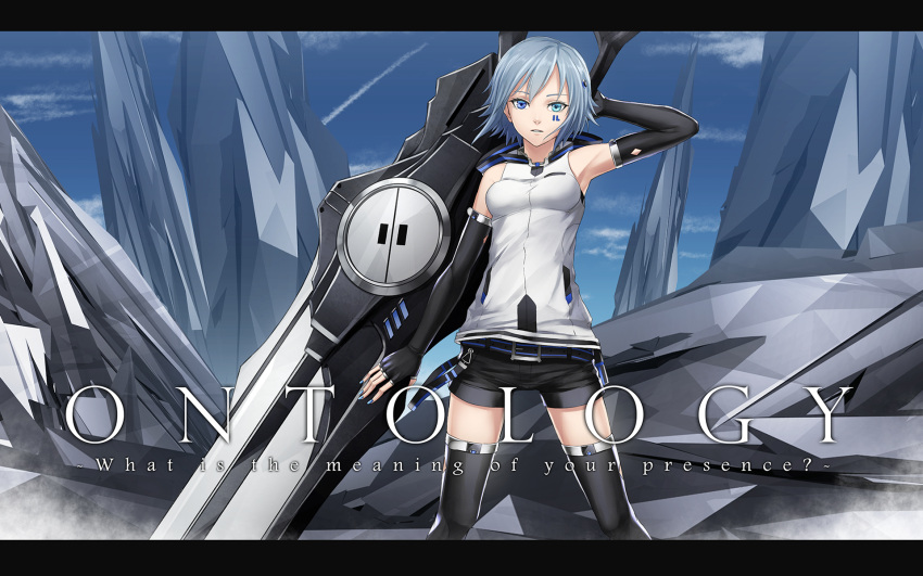 1girl ? arm_at_side bangs black_gloves black_legwear black_shorts blue_eyes blue_hair blue_nails blue_sky borrowed_character breasts crystal facial_mark fingerless_gloves gloves hair_ornament highres holding holding_sword holding_weapon huge_weapon katana letterboxed looking_at_viewer nail_polish original parted_lips science_fiction short_hair shorts sky sleeveless solo sugi_214 sword text weapon