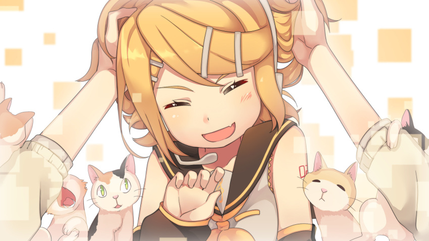 1girl ^_^ animal bangs blonde_hair cat closed_eyes detached_sleeves fang hair_ornament hairclip hands_on_another's_head head_tilt headphones headset highres kagamine_rin laughing microphone number open_mouth out_of_frame pov sailor_collar short_hair solo_focus tattoo treble_clef vocaloid white_background yawning zazuzu