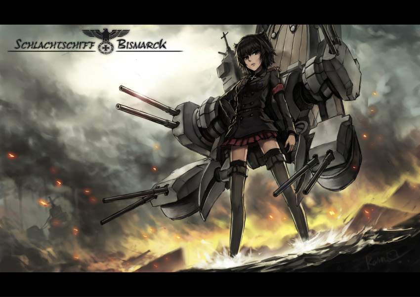 1girl absurdres aiguillette arm_at_side armband badge bangs battlefield belt bismarck_(zhan_jian_shao_nyu) black_hair black_jacket black_legwear black_shirt blue_eyes blurry boots burning buttons character_name closed_mouth collared_shirt depth_of_field double-breasted epaulettes fire from_below frown gun hair_flaps hand_on_hip highres iron_cross jacket legs_apart long_sleeves looking_at_viewer looking_down machinery miniskirt ocean outdoors pleated_skirt rain_(icetuofei) red_skirt ship shirt short_hair signature skirt sky smoke solo standing thigh-highs thigh_boots turret uniform water watercraft weapon zhan_jian_shao_nyu