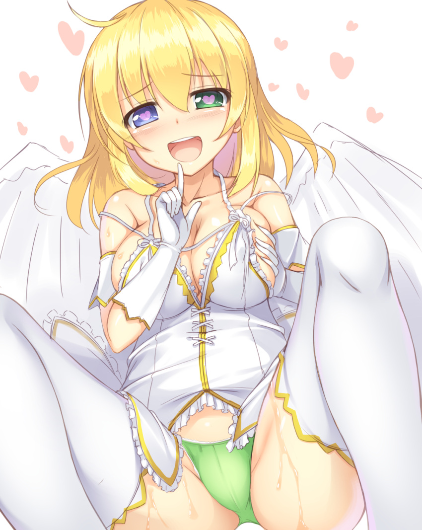 1girl :d armband bare_shoulders blonde_hair blue_eyes blush breasts cleavage collarbone gloves green_eyes green_panties heart heart-shaped_pupils heterochromia highres index_finger_raised kageira large_breasts looking_at_viewer open_mouth panties ryouna_(senran_kagura) self_fondle senran_kagura_(series) senran_kagura_shinovi_versus smile solo spread_legs squatting sweat symbol-shaped_pupils thigh-highs underwear white_gloves white_legwear white_wings wings