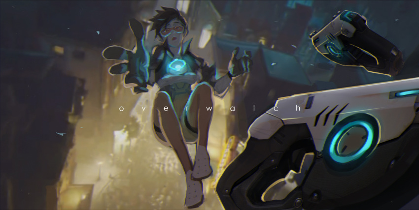 1girl brown_hair foreshortening gloves goggles gun highres night open_mouth overwatch reroi road short_hair skin_tight street tracer_(overwatch) weapon