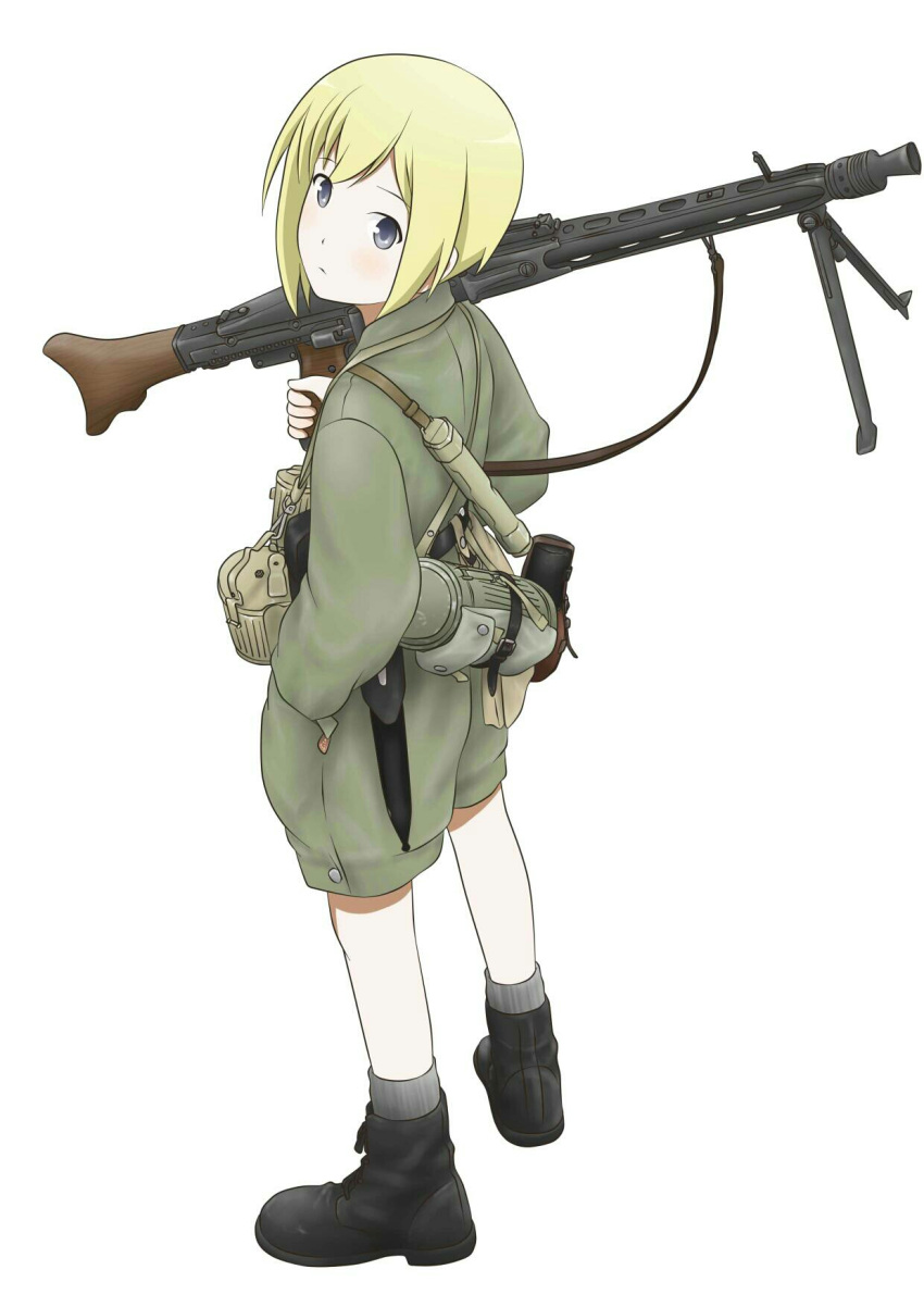1girl alternate_costume bayonet blonde_hair blue_eyes boots canteen erica_hartmann from_above gun hand_in_pocket highres looking_at_viewer looking_back looking_up machine_gun magazine_(weapon) mg42 military military_uniform millimeter short_hair simple_background sling solo strike_witches uniform weapon white_background world_war_ii