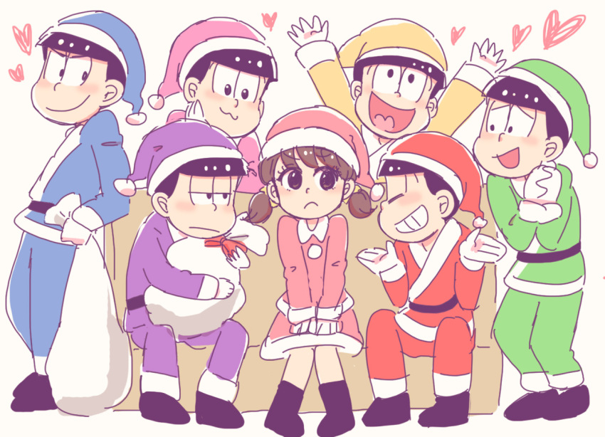 1girl 6+boys black_hair bowl_cut brothers brown_hair couch hair_ribbon hands_clasped heart heart_in_mouth hizirimode jitome matsuno_choromatsu matsuno_ichimatsu matsuno_juushimatsu matsuno_karamatsu matsuno_osomatsu matsuno_todomatsu messy_hair multiple_boys osomatsu-kun osomatsu-san ribbon sack santa_costume sextuplets short_twintails siblings simple_background sitting twintails white_background yowai_totoko