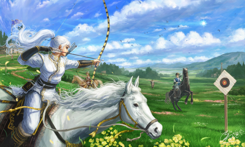 aiming archery arrow bird blurry bow_(weapon) brown_hair clouds depth_of_field fantasy faux_traditional_media field flag flower grass highres hill horse horseback_riding long_hair makkou_4 original ponytail quiver reins riding scenery signature sky sun target tent tree vambraces weapon white_hair wind