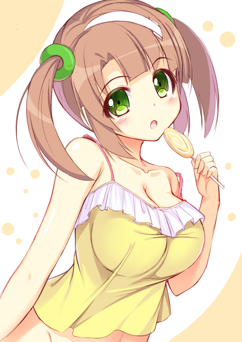 1girl :o bare_shoulders blush breasts brown_hair camisole candy cleavage collarbone green_eyes groin hair_rings highres kageira large_breasts lollipop looking_at_viewer minori_(senran_kagura) navel open_mouth senran_kagura_(series) senran_kagura_shinovi_versus short_hair sleeveless solo twintails upper_body