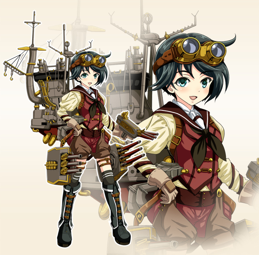 1girl :d adapted_costume black_eyes black_hair brown_gloves gloves goggles goggles_on_head kantai_collection looking_at_viewer machinery mogami_(kantai_collection) open_mouth school_uniform serafuku short_hair shorts smile solo steampunk tk8d32 turret zoom_layer