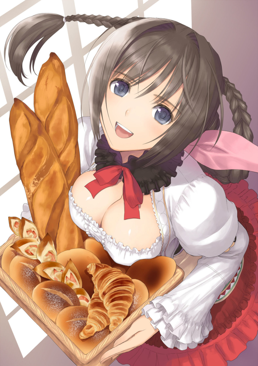 1girl :d baguette basket blush bow bowtie braid bread breasts brown_hair carrying cleavage croissant downblouse food frilled_sleeves frills from_above fur_collar fur_trim hair_intakes highres indoors large_breasts layered_skirt long_hair long_sleeves looking_at_viewer looking_up neris_(shining_hearts) open_mouth red_bow red_bowtie red_skirt round_teeth shining_(series) shining_hearts shining_world shirt single_braid skirt smile solo tanaka_takayuki teeth twin_braids white_shirt window