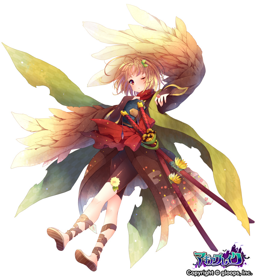 1girl absurdres ahoge ankle_wraps bike_shorts blonde_hair book book_hug bridal_gauntlets copyright_name feathers flower full_body hair_ornament highres holding holding_book japanese_clothes katana leaf lotus one_eye_closed sandals scar scar_across_eye scarf short_hair simple_background solo sword usamata weapon white_background wide_sleeves