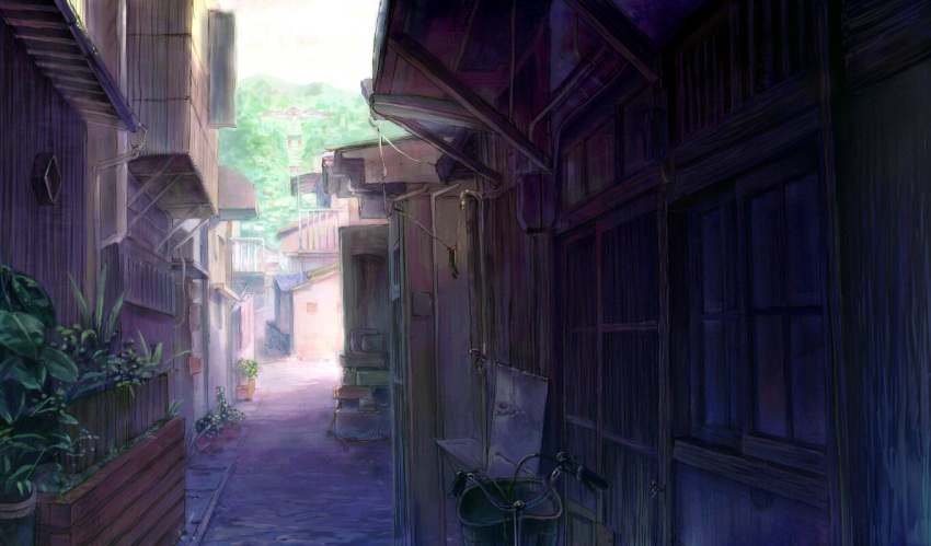 alley bicycle door ground_vehicle heriki_(trkj) hill kamichu! no_humans plant potted_plant railing scenery shrine window