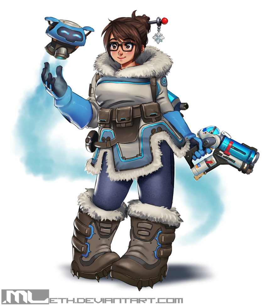1girl belt belt_pouch black-framed_glasses blue_gloves blue_legwear boots brown_eyes brown_hair canister canteen coat drone floating full_body fur_boots fur_coat fur_trim glasses gloves gun hair_bun hair_ornament hairpin highres holding holding_weapon hose leggings lips mei_(overwatch) mleth overwatch parka print_legwear robot shoes short_hair simple_background smile solo spiked_shoes spikes standing utility_belt watermark weapon web_address white_background winter_clothes winter_coat