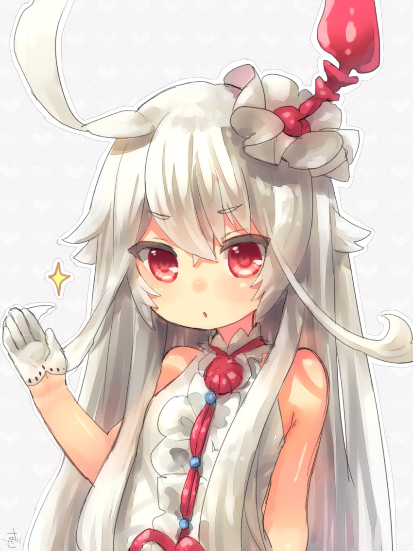 1girl albino bare_arms bare_shoulders choko_(last_period) dress gloves hair_ornament highres last_period long_hair looking_at_viewer red_eyes sad_fuka silver_hair solo sparkle upper_body very_long_hair white_dress white_gloves white_hair